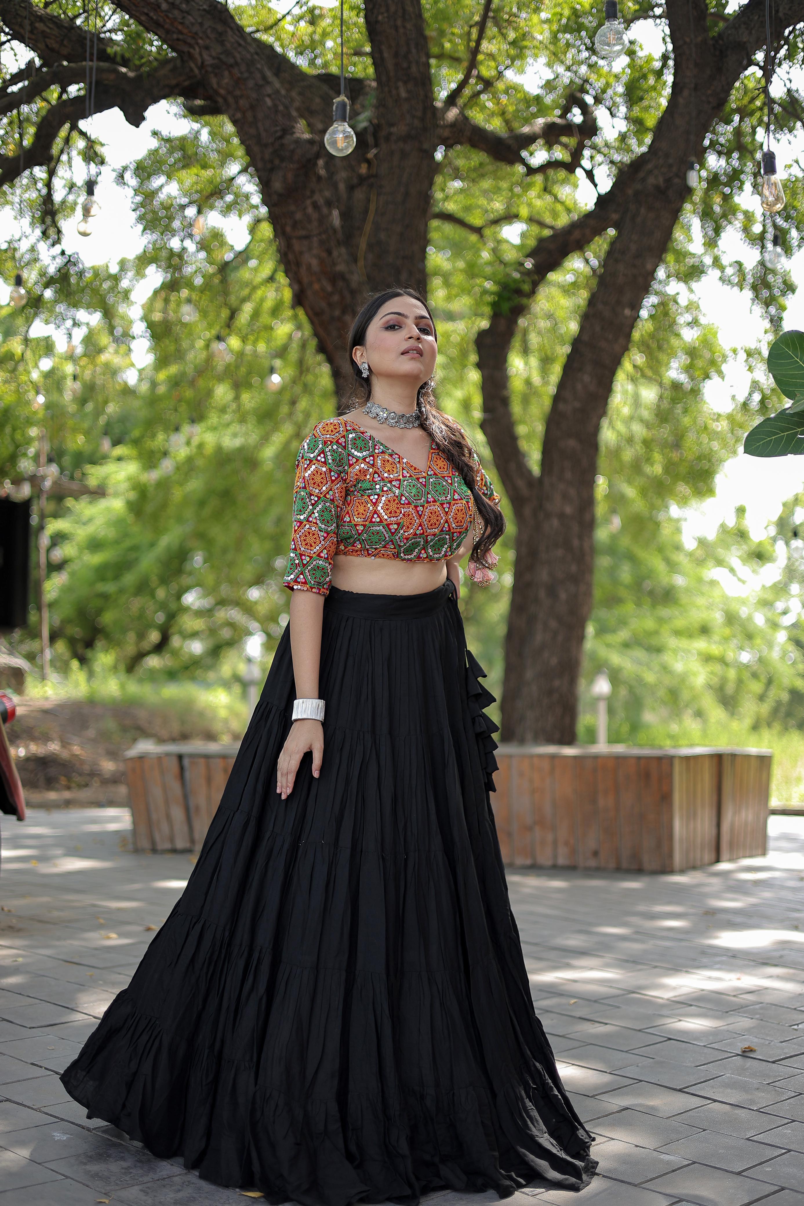 Lorenvalley Black Premium Rayon Lehenga with Georgette Embroidered Traditional Thread work Choli | Grocsy