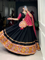 Lorenvalley Black Pure CottonPlain And Original Mirror Gamthi Work Lace Border Lehenga Choli with Dupatta | Grocsy