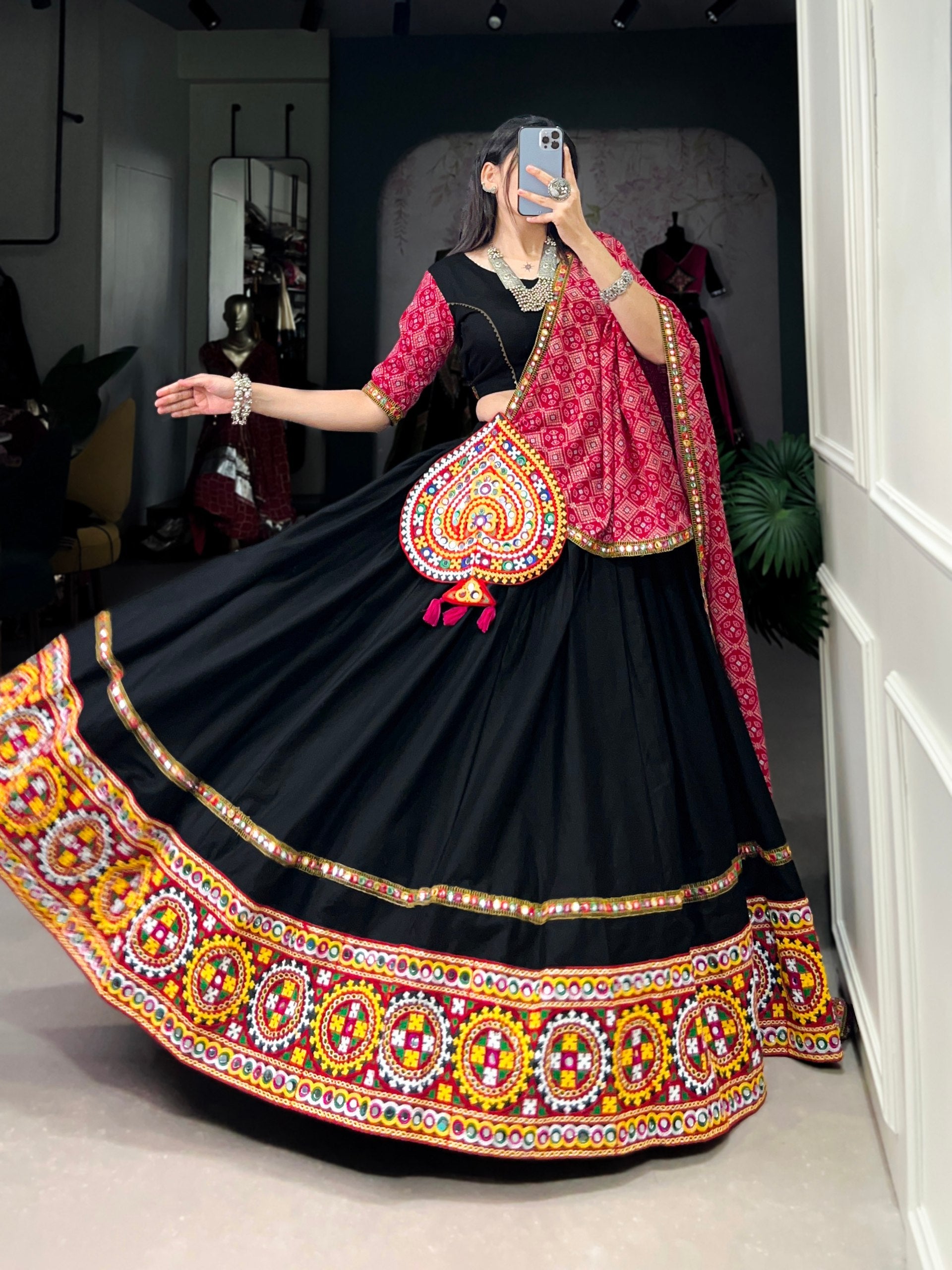 Lorenvalley Black Pure CottonPlain And Original Mirror Gamthi Work Lace Border Lehenga Choli with Dupatta | Grocsy