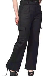PAVONINE Black Color Cotrise Fabric With 4 pockets Cargo/Trousers For Girls & Women | Grocsy