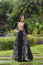 Lorenvalley Black Rayon Contrast of Printed with Kutchi Gamthi work Gown | Grocsy