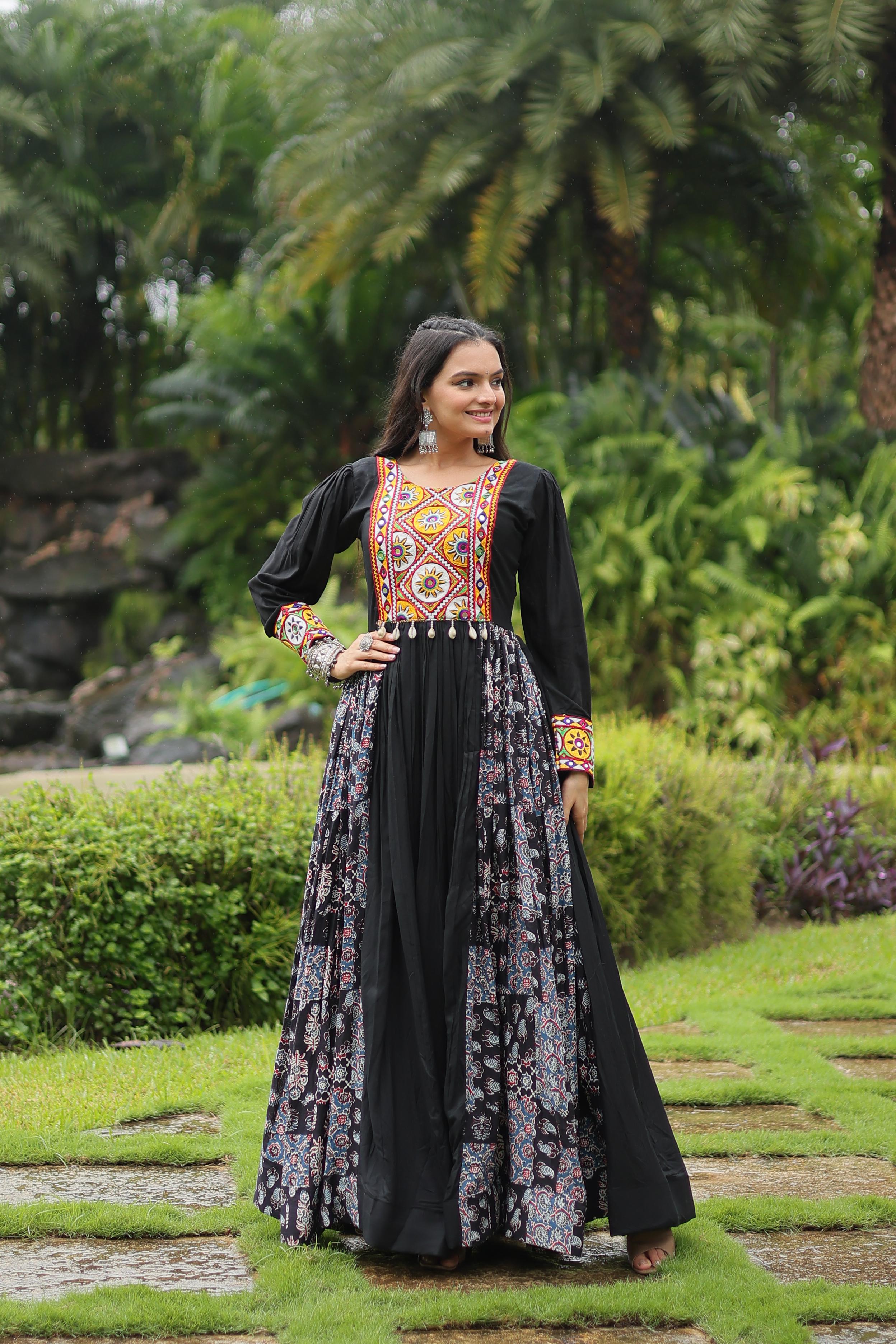 Lorenvalley Black Rayon Contrast of Printed with Kutchi Gamthi work Gown | Grocsy
