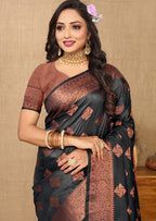 Lorenvalley Fashion Black Soft Katan Silk Woven Design Copper Zari Weaving Saree | Grocsy