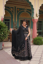 Lorenvalley Black Rayon Gota Patti Lace Printed Kali Pattern Lehenga Choli with Dupatta | Grocsy
