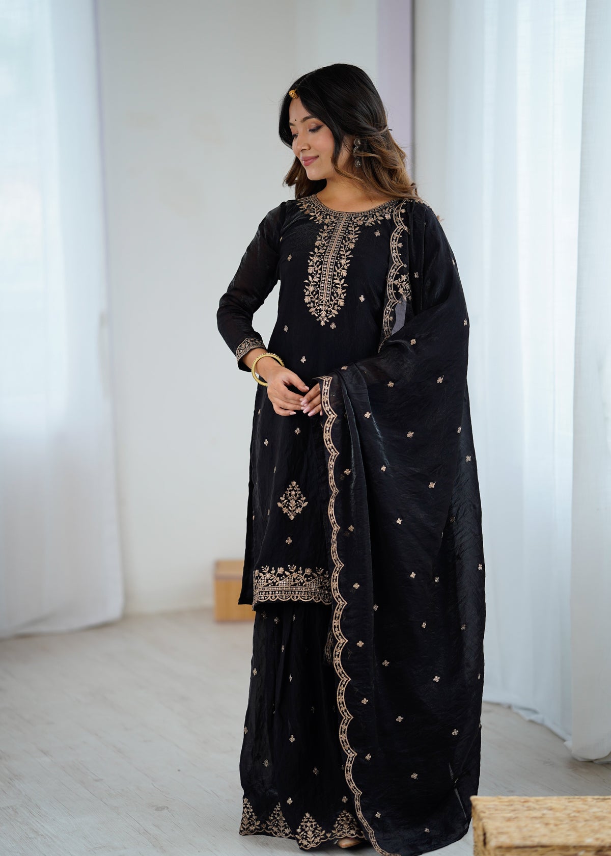 Lorenvalley Black Soft Crunchy Silk with Embroidery Sequence and Jari Work Kurta Palazzo with Dupatta | Grocsy