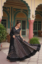 Lorenvalley Black Rayon Gota Patti Lace Printed Kali Pattern Lehenga Choli with Dupatta | Grocsy
