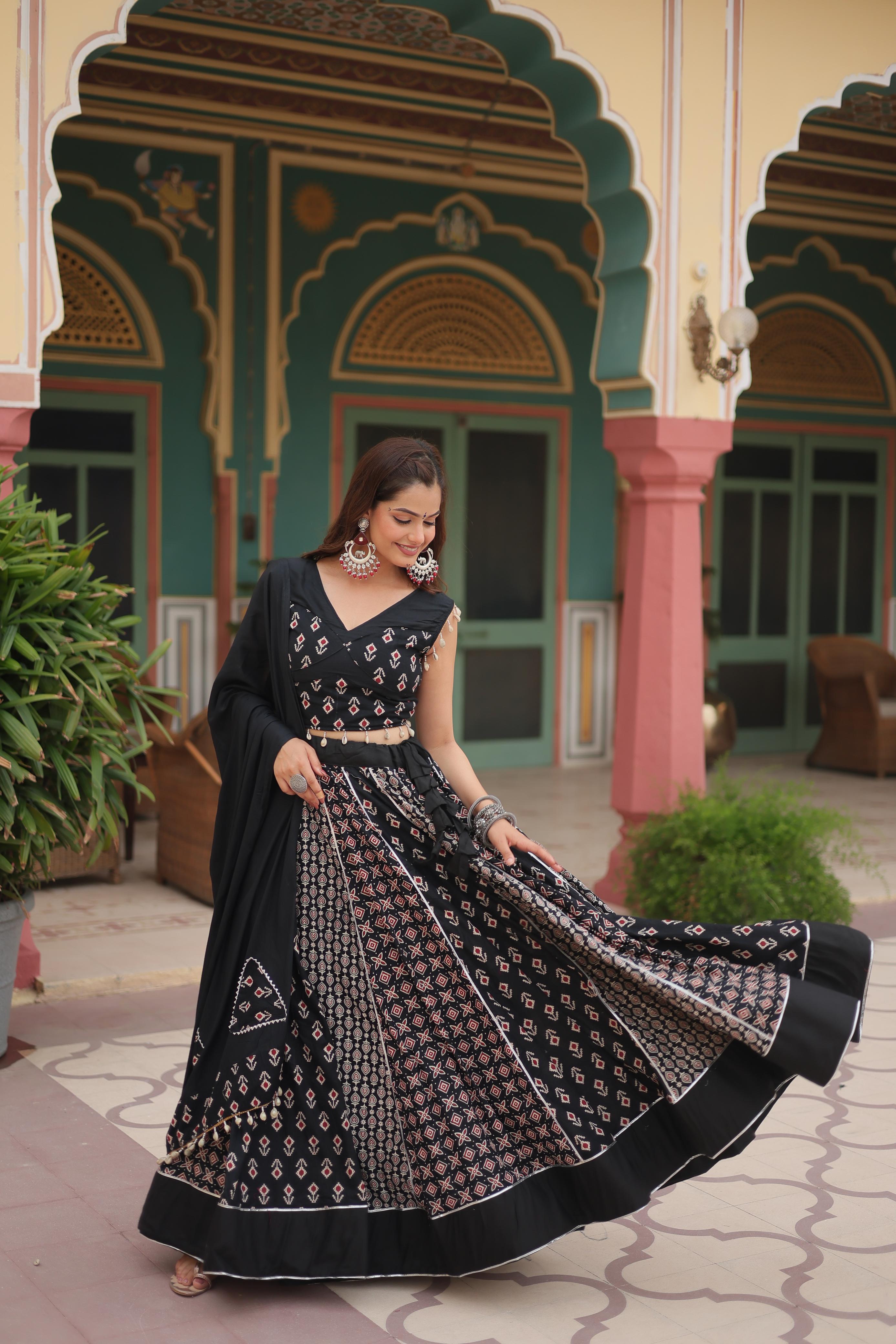 Lorenvalley Black Rayon Gota Patti Lace Printed Kali Pattern Lehenga Choli with Dupatta | Grocsy