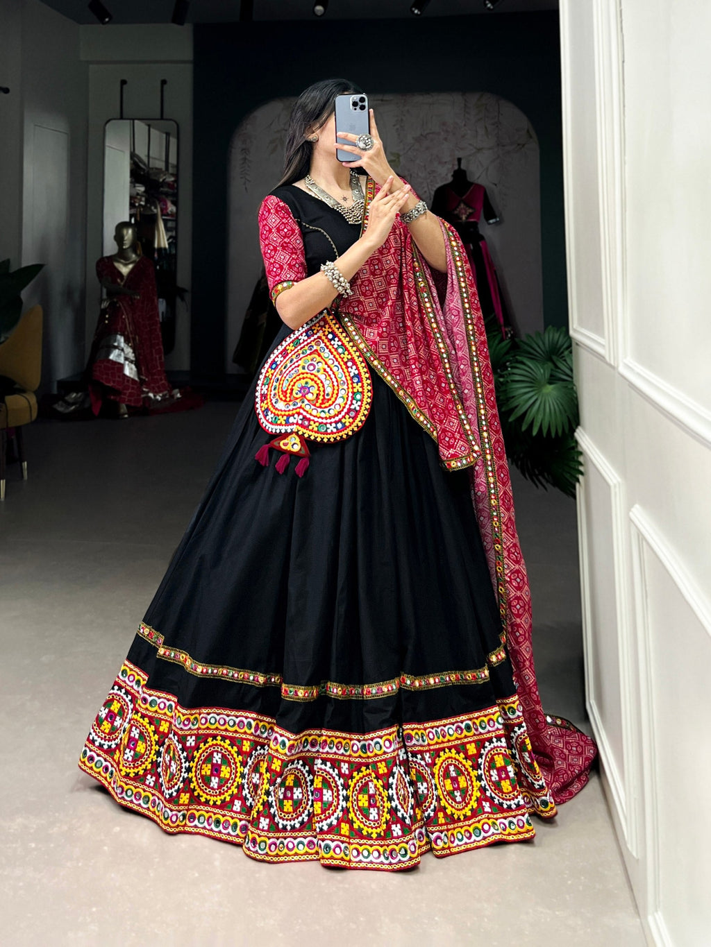 Lorenvalley Black Pure CottonPlain And Original Mirror Gamthi Work Lace Border Lehenga Choli with Dupatta | Grocsy