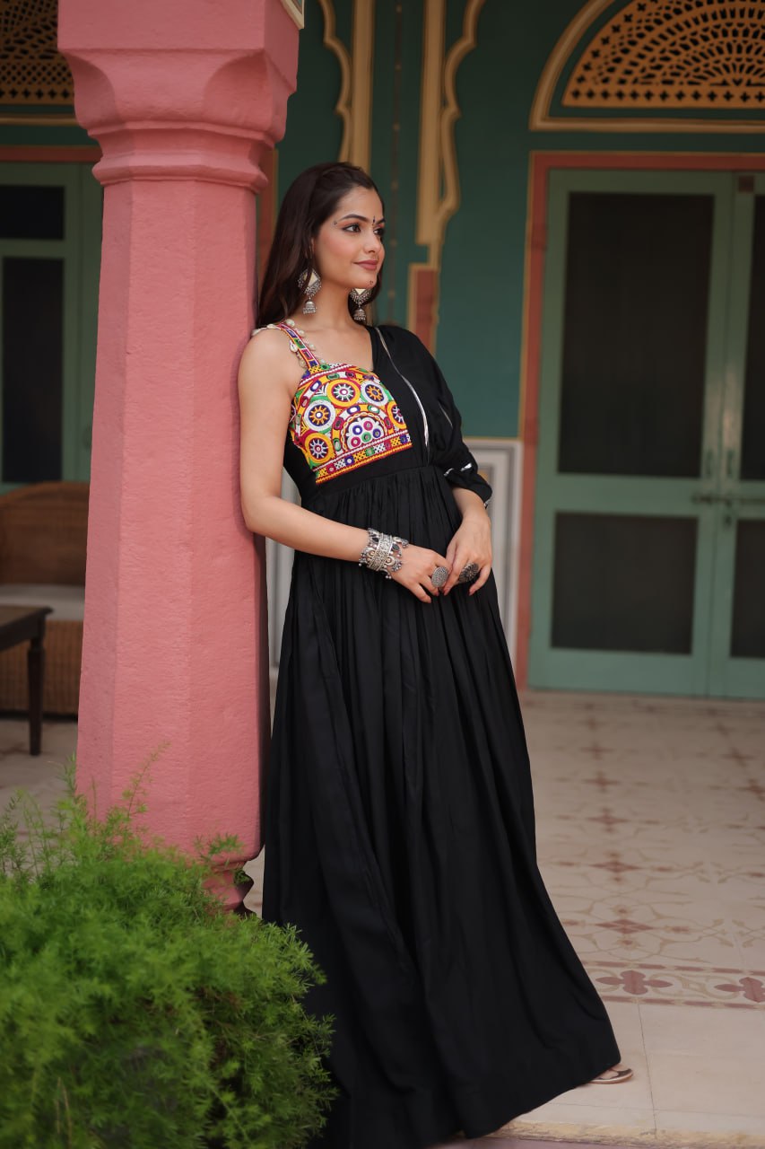 Lorenvalley Black Rayon Fabric with Designer Lace Gown | Grocsy