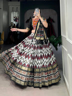 Lorenvalley Tussar Silk Black Leheriya Print with Foil Print and Paper Mirror Work Lace Lehenga Choli with Dupatta | Grocsy
