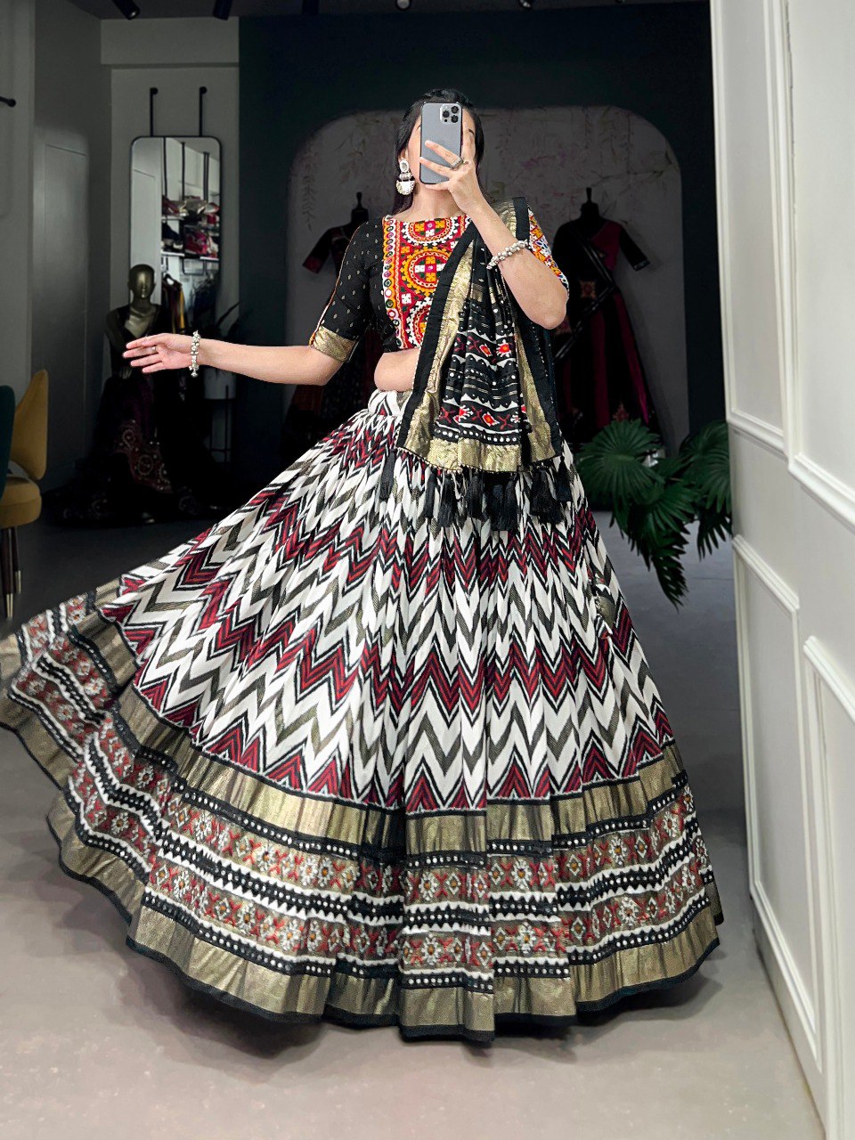 Lorenvalley Tussar Silk Black Leheriya Print with Foil Print and Paper Mirror Work Lace Lehenga Choli with Dupatta | Grocsy