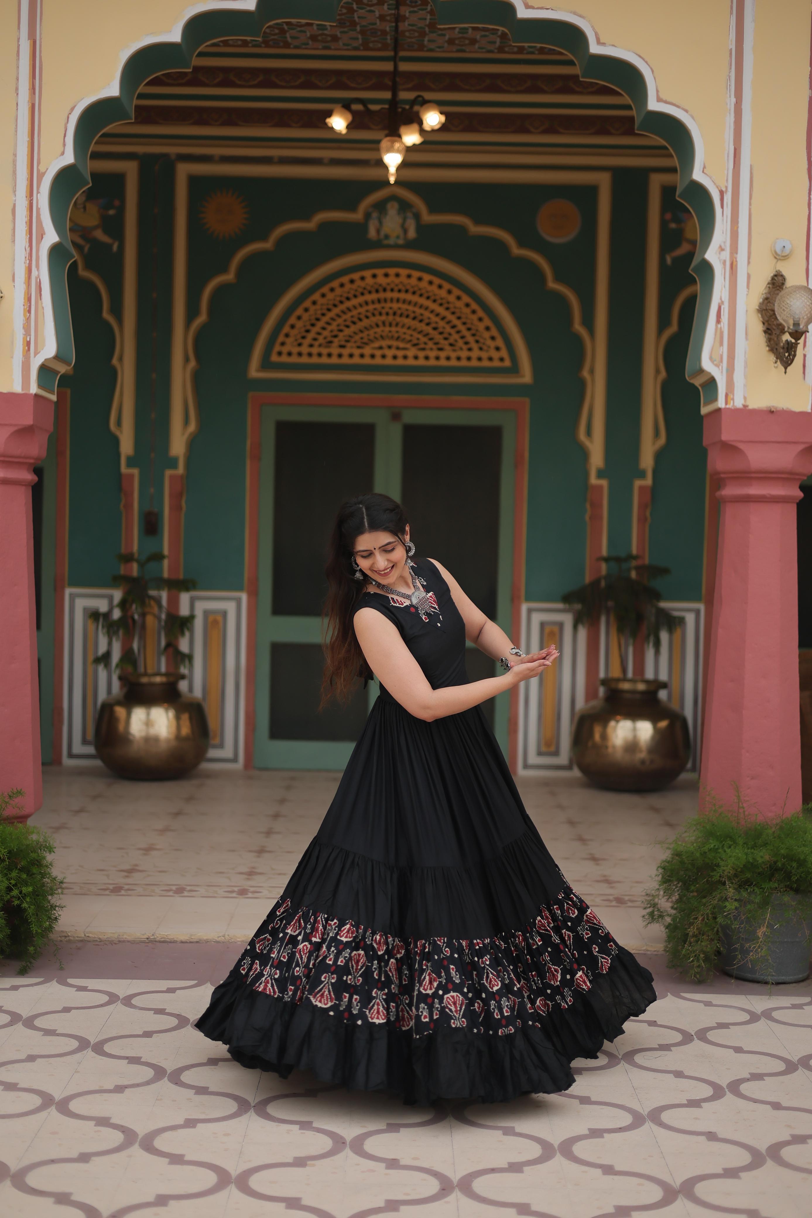Lorenvalley Black Rayon Fabric with Printed Attached In Frill And Neck Gown | Grocsy