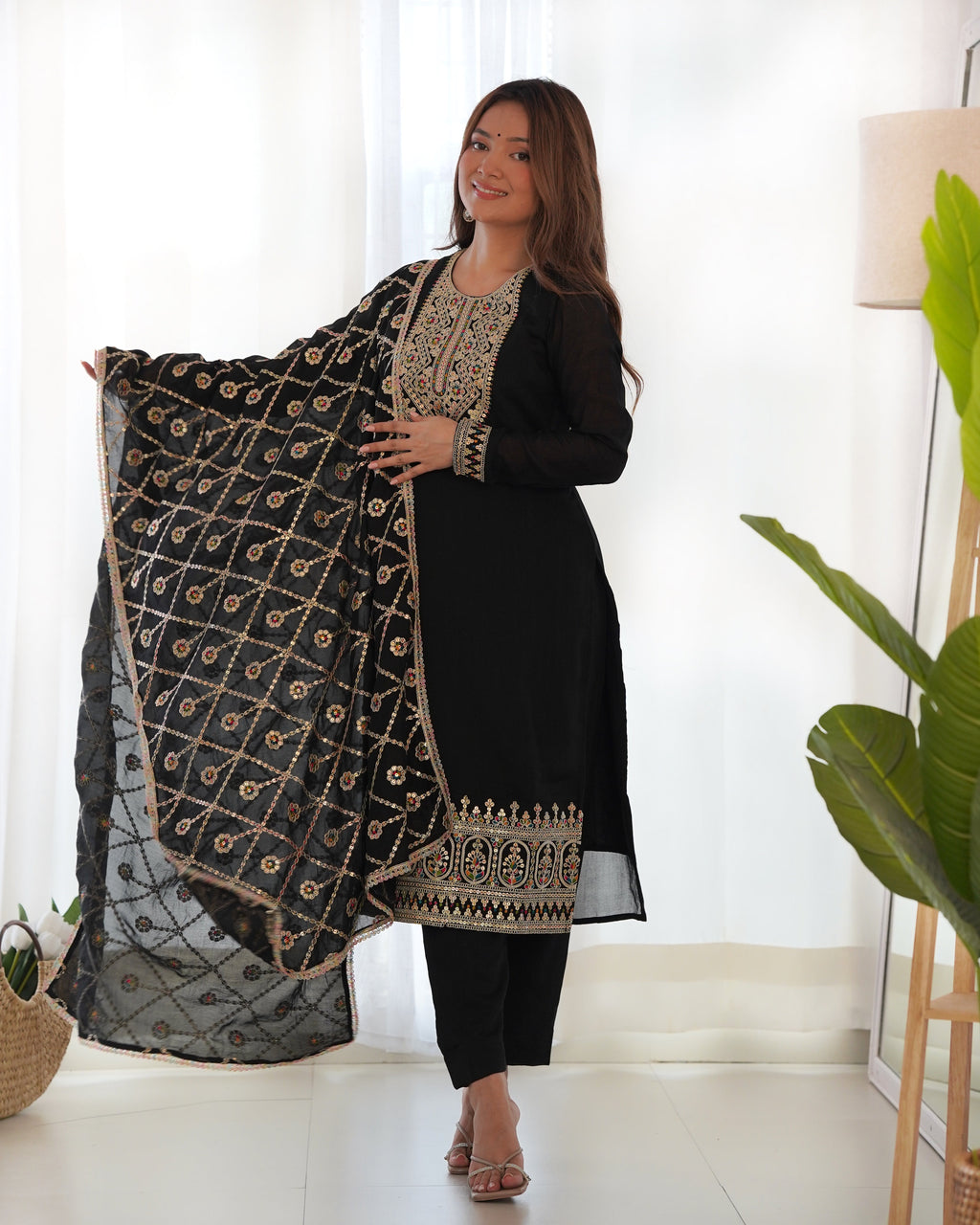 Lorenvalley Black Vichitra Silk Embroidery Sequence and Dori Thread Work Kurta Trousers with Dupatta Set | Grocsy