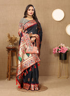 Lorenvalley Fashion Black Soft Paithani Silk Woven Design Rich Meenakari Zari Weaving Pallu Saree | Grocsy