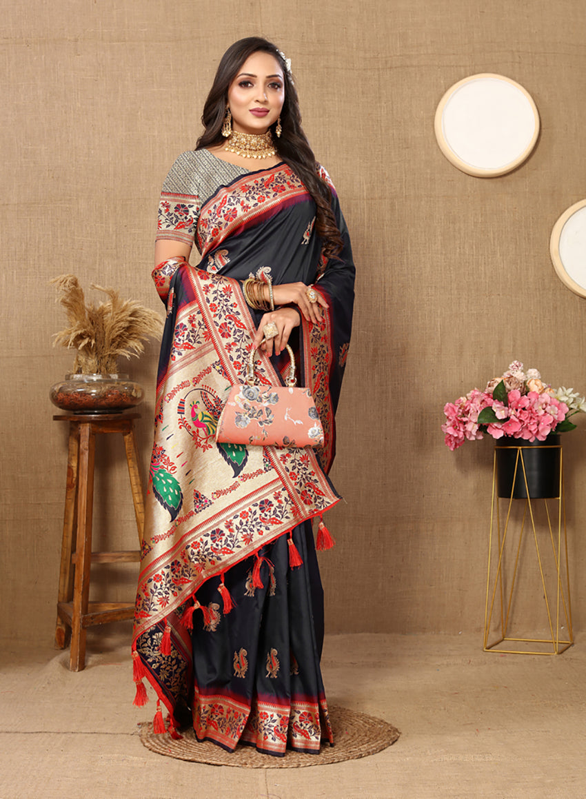 Lorenvalley Fashion Black Soft Paithani Silk Woven Design Rich Meenakari Zari Weaving Pallu Saree | Grocsy