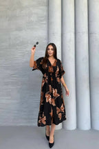Pimu Front Slit Midi Dresses V-neck Designs For Women Party Wear - Black | Grocsy