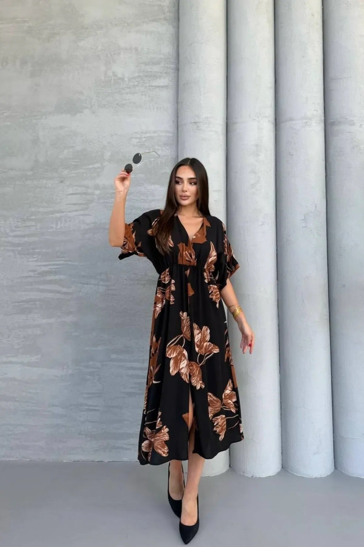 Pimu Front Slit Midi Dresses V-neck Designs For Women Party Wear - Black | Grocsy