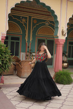 Lorenvalley Black Rayon Fabric with Kutchi Gamthi Kodi work Gown | Grocsy