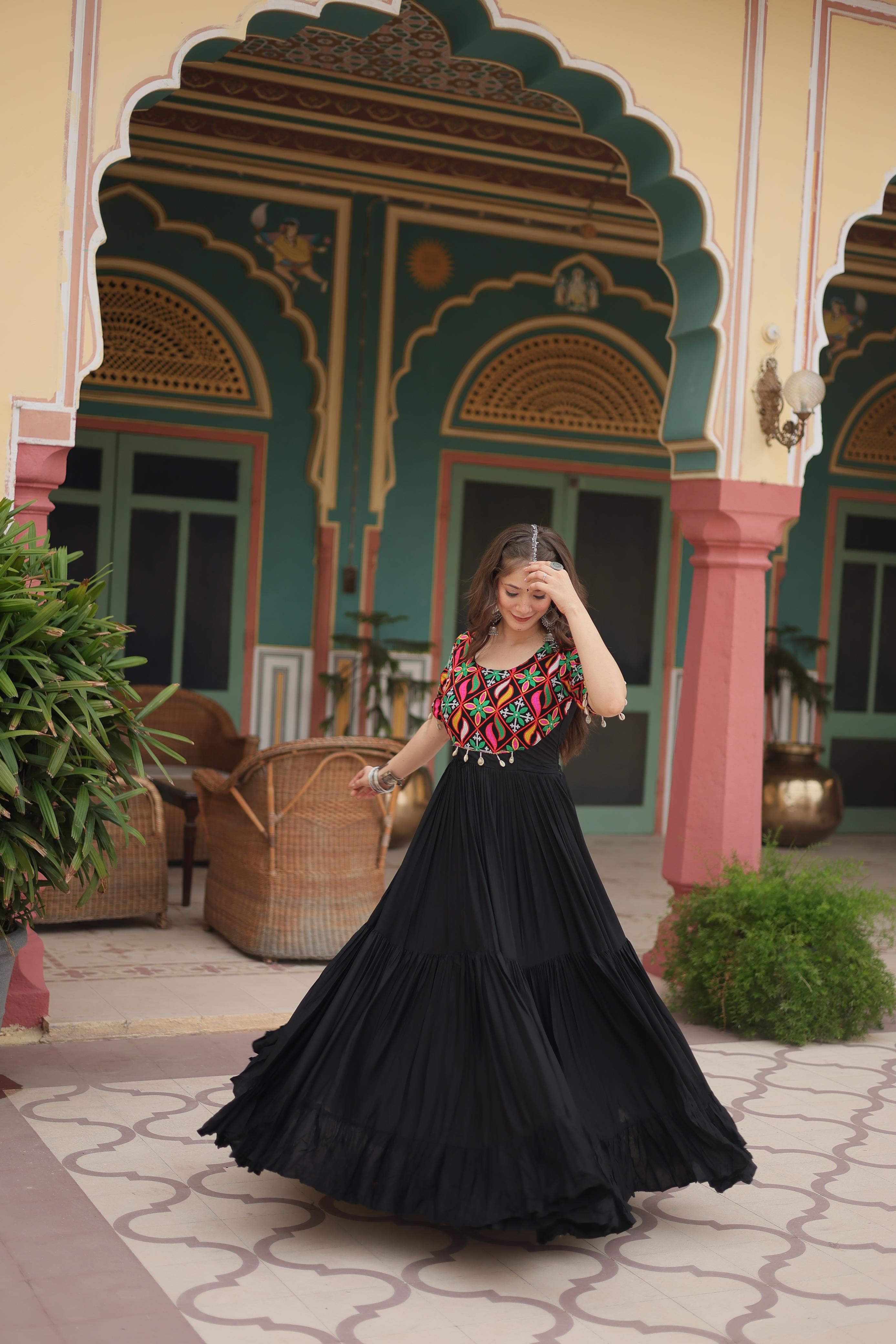 Lorenvalley Black Rayon Fabric with Kutchi Gamthi Kodi work Gown | Grocsy