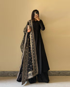 Lorenvalley Black Faux Georgette Yoke and Sleeve Potli Button Work Kurta Palazzo With Dupatta Set | Grocsy