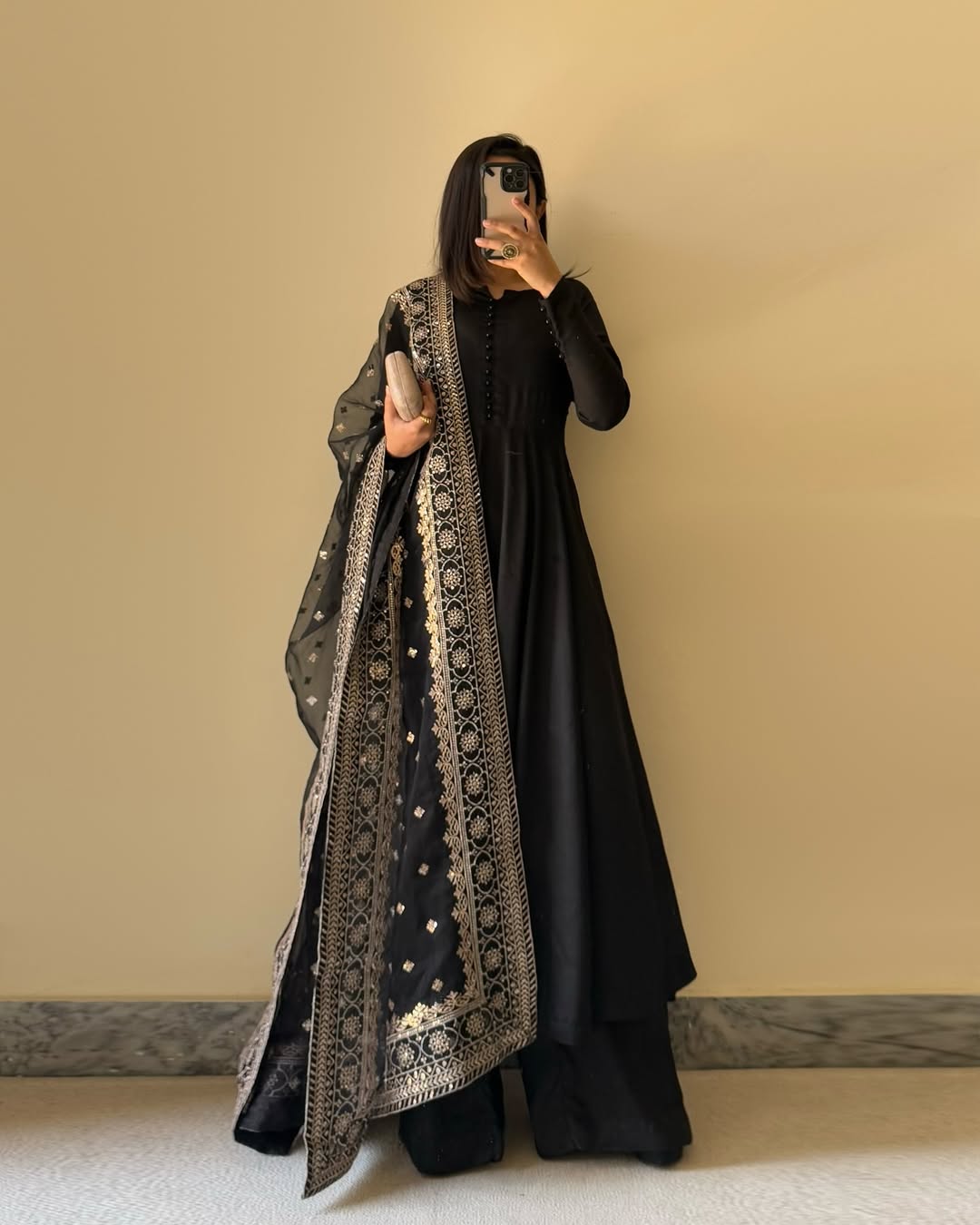 Lorenvalley Black Faux Georgette Yoke and Sleeve Potli Button Work Kurta Palazzo With Dupatta Set | Grocsy