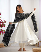 Lorenvalley Fashion White Vichitra Silk Fabric Fully Flared Anarkali Pant With Dupatta Set | Grocsy