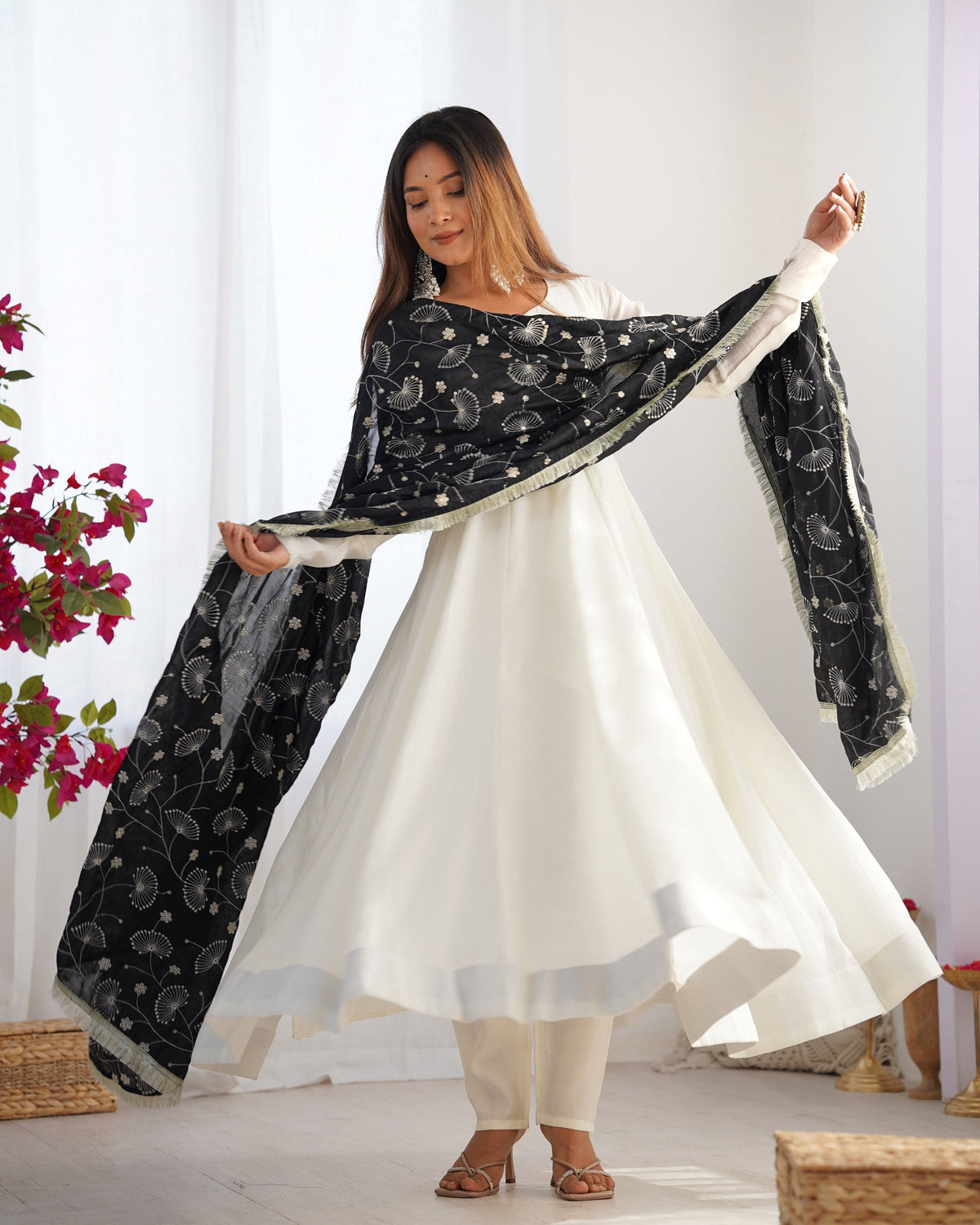 Lorenvalley Fashion White Vichitra Silk Fabric Fully Flared Anarkali Pant With Dupatta Set | Grocsy