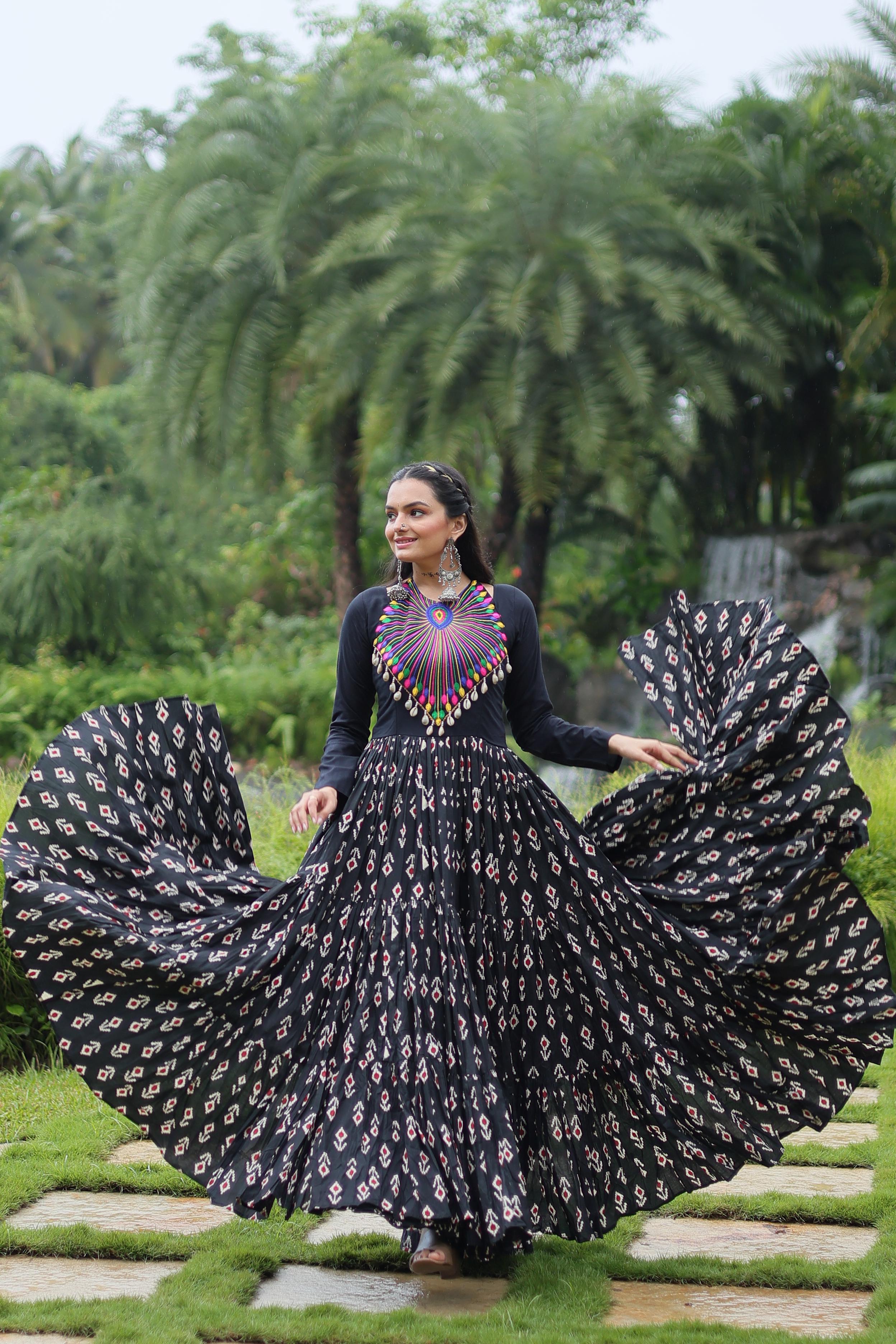 Lorenvalley Black Cotton Printed With Kutchi Gamthi Work and Kodi Lace Gown | Grocsy