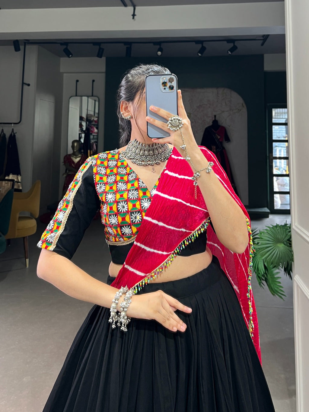 Lorenvalley Black Pure Rayon with Plain And Printed With Original Mirror Gamthi Work And Lace Touch Up Lehenga Choli | Grocsy