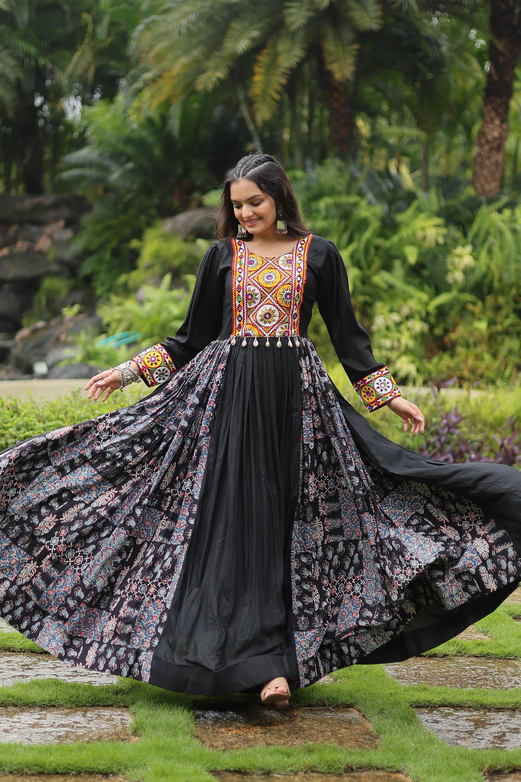Lorenvalley Black Rayon Contrast of Printed with Kutchi Gamthi work Gown | Grocsy