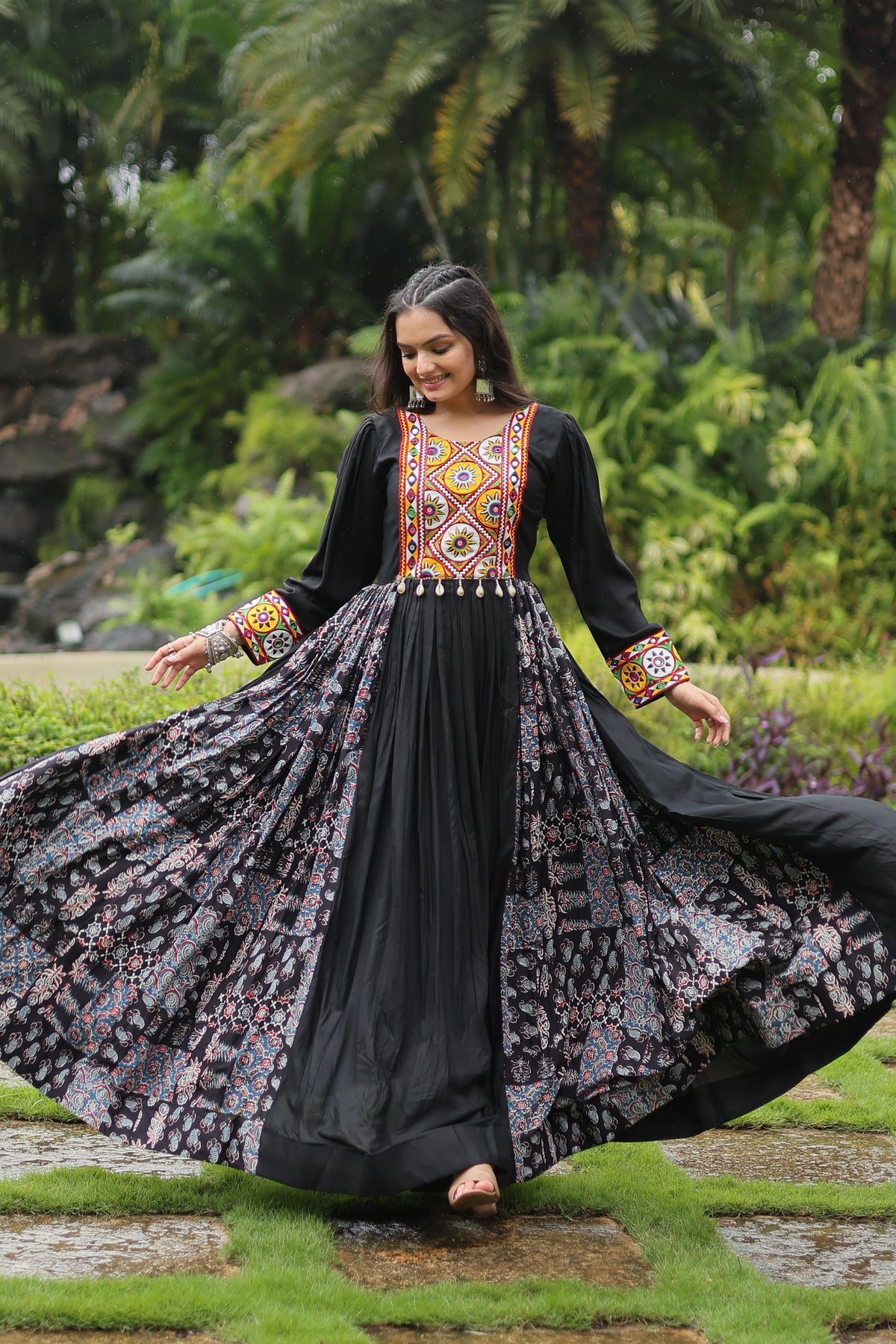 Lorenvalley Black Rayon Contrast of Printed with Kutchi Gamthi work Gown | Grocsy