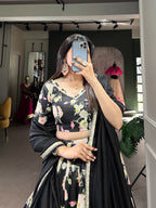 Lorenvalley Black Tussar Silk Floral Printed Lehenga Choli | Grocsy