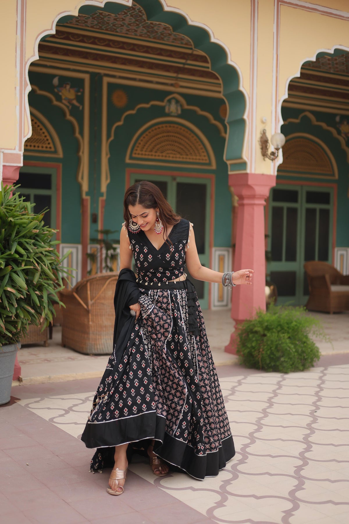 Lorenvalley Black Rayon Gota Patti Lace Printed Kali Pattern Lehenga Choli with Dupatta | Grocsy