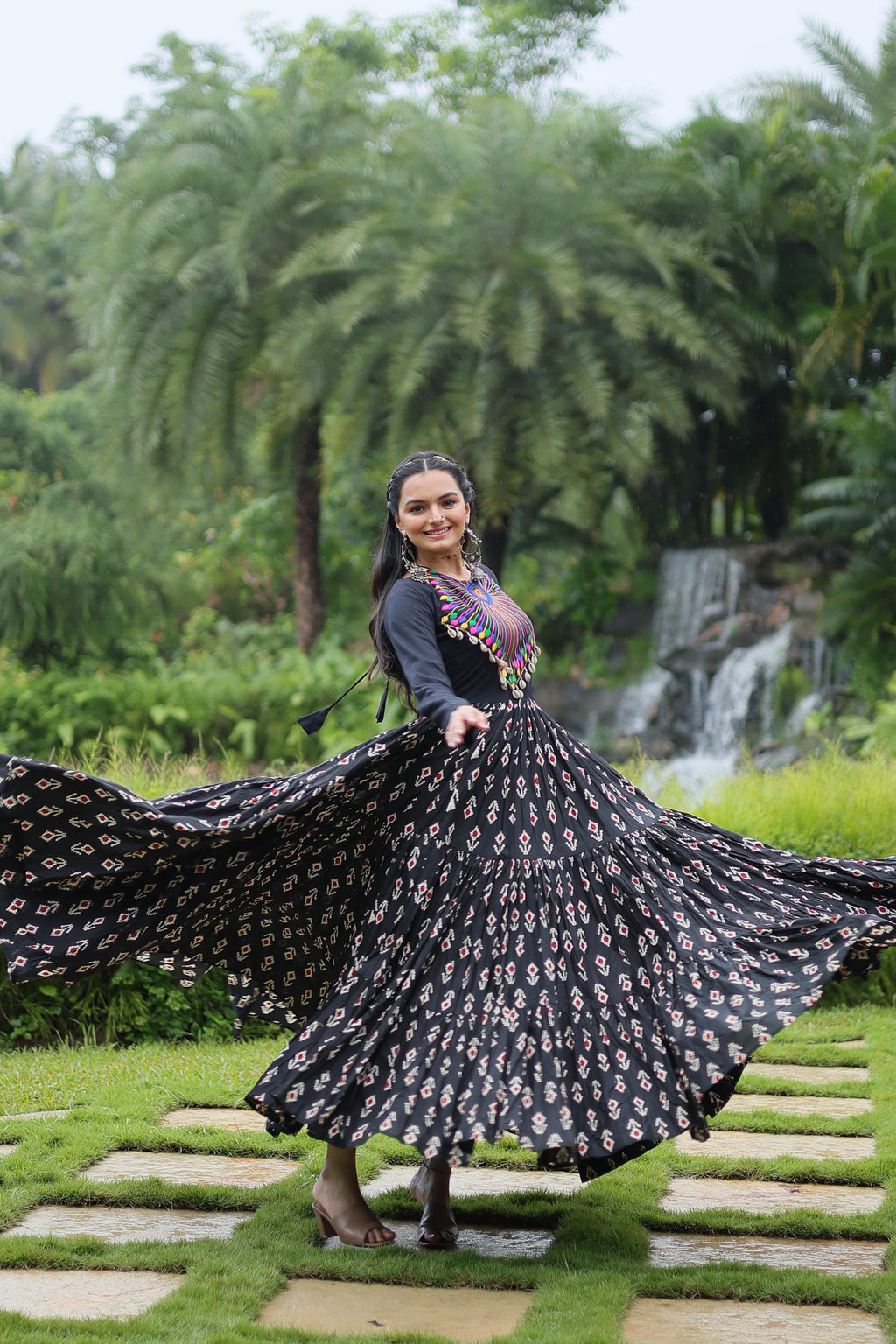 Lorenvalley Black Cotton Printed With Kutchi Gamthi Work and Kodi Lace Gown | Grocsy