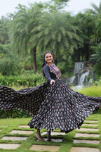 Lorenvalley Black Cotton Printed With Kutchi Gamthi Work and Kodi Lace Gown | Grocsy