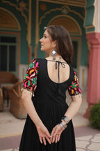 Lorenvalley Black Rayon Fabric with Kutchi Gamthi Kodi work Gown | Grocsy