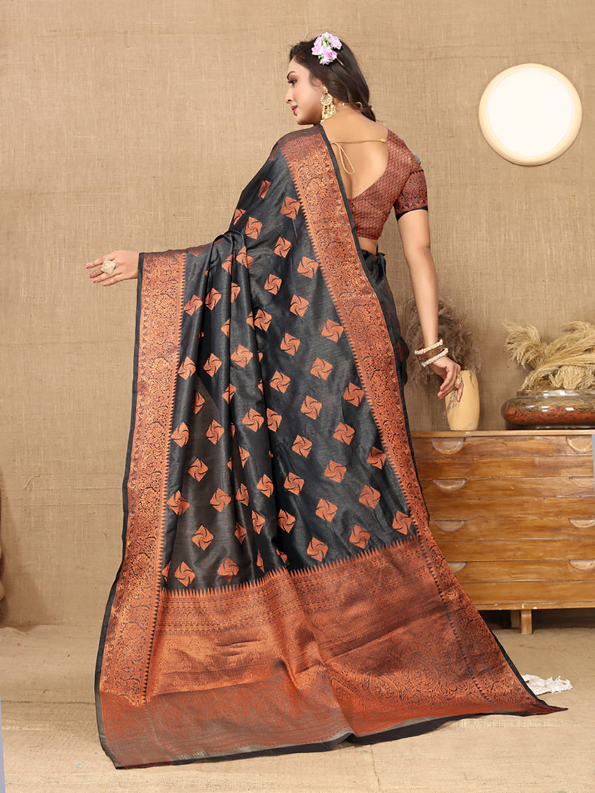 Lorenvalley Fashion Black Soft Katan Silk Woven Design Copper Zari Weaving Saree | Grocsy