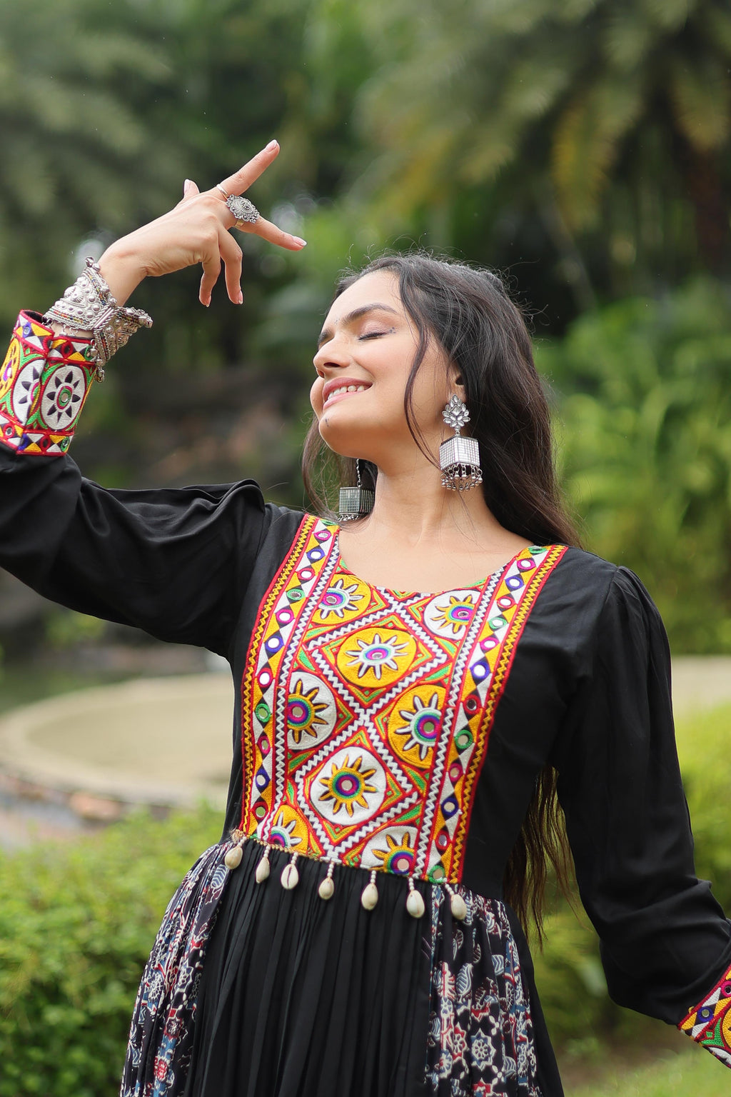 Lorenvalley Black Rayon Contrast of Printed with Kutchi Gamthi work Gown | Grocsy