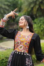 Lorenvalley Black Rayon Contrast of Printed with Kutchi Gamthi work Gown | Grocsy