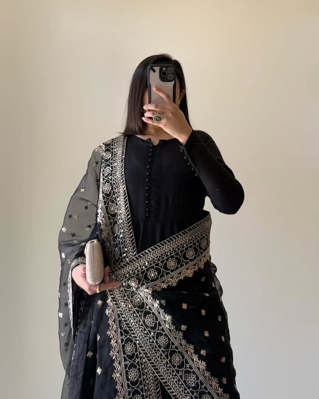 Lorenvalley Black Faux Georgette Yoke and Sleeve Potli Button Work Kurta Palazzo With Dupatta Set | Grocsy