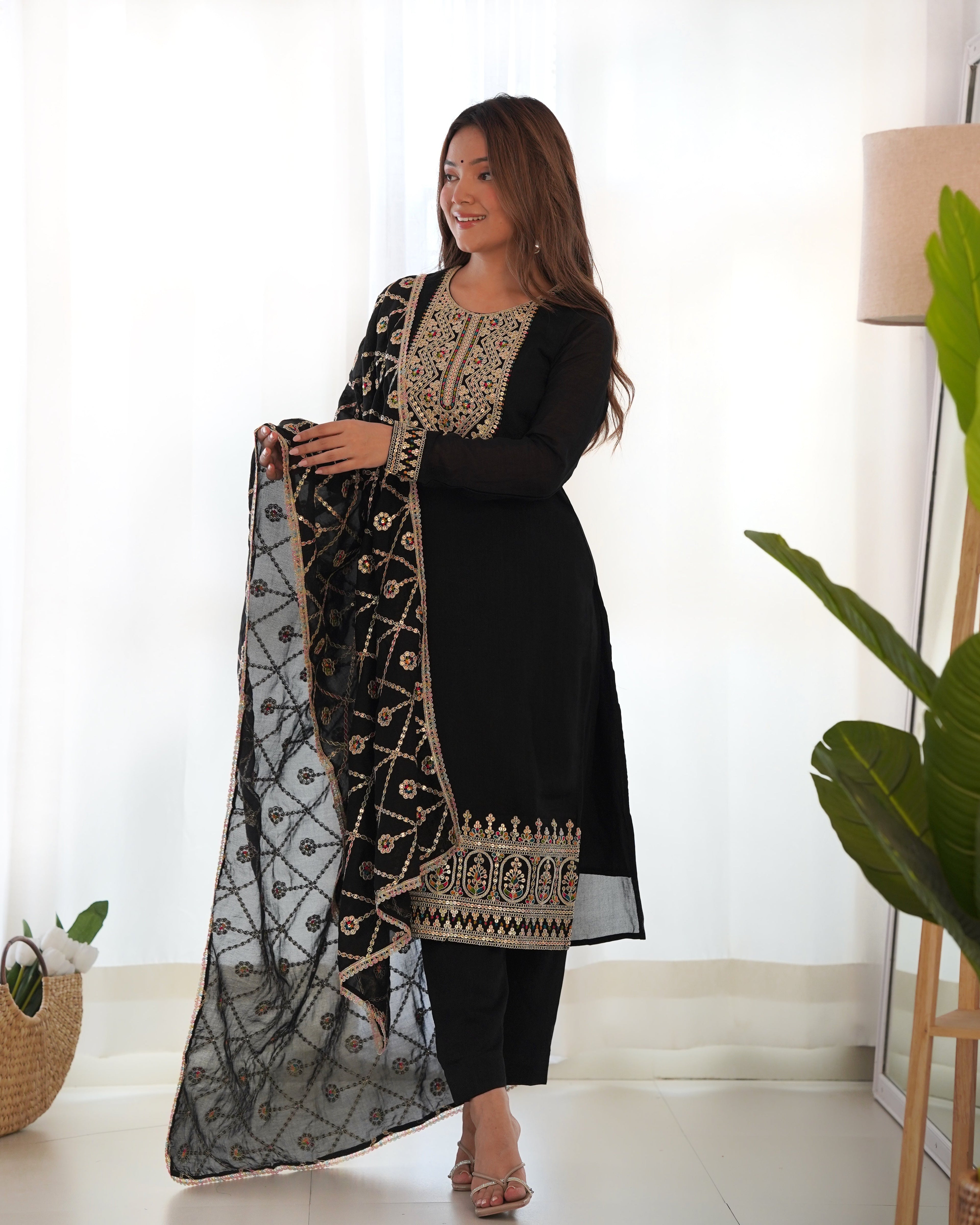 Lorenvalley Black Vichitra Silk Embroidery Sequence and Dori Thread Work Kurta Trousers with Dupatta Set | Grocsy