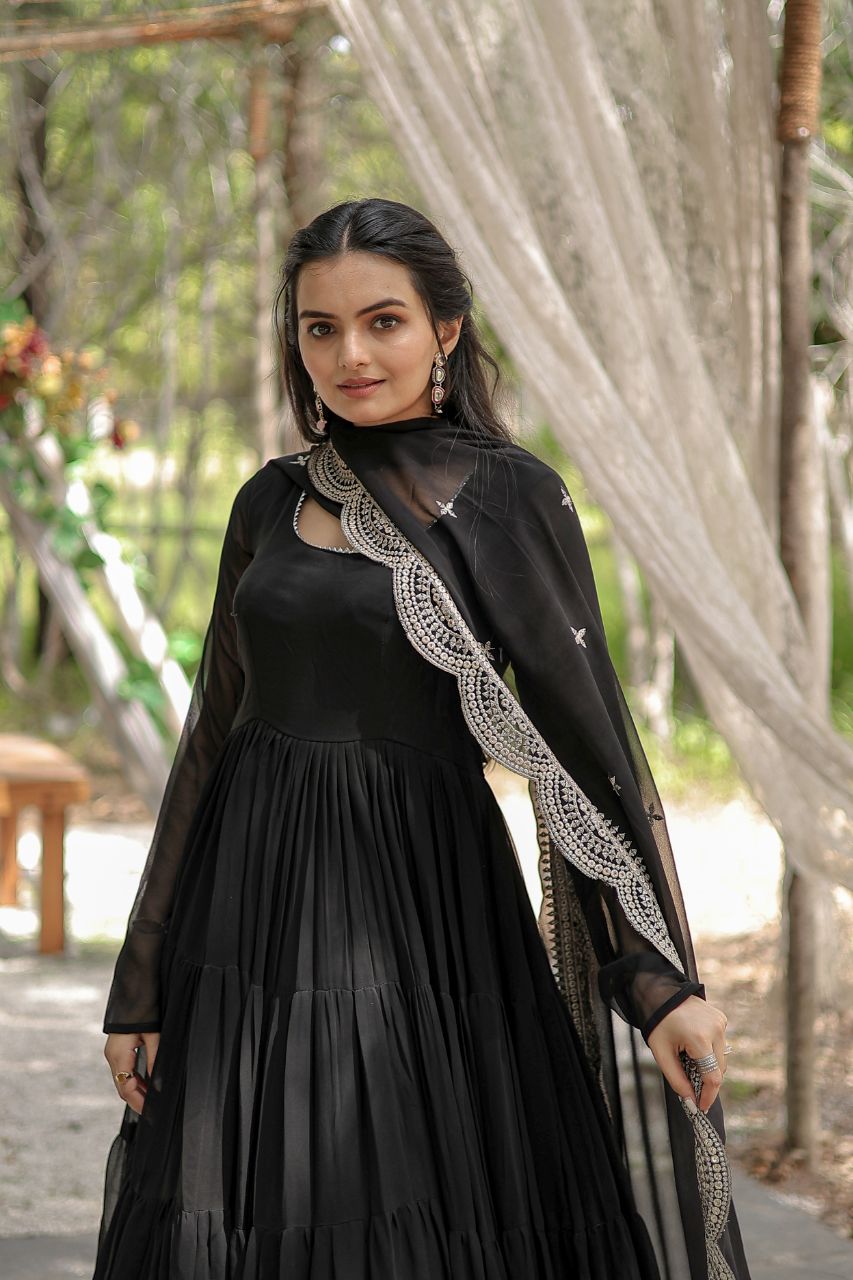 Evanik Black Faux Blooming Gown With Dupatta With Rich Sequins Embroidered work | Grocsy
