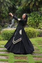Lorenvalley Black Rayon Fabric With Kutchi Gamthi Lace Gown | Grocsy