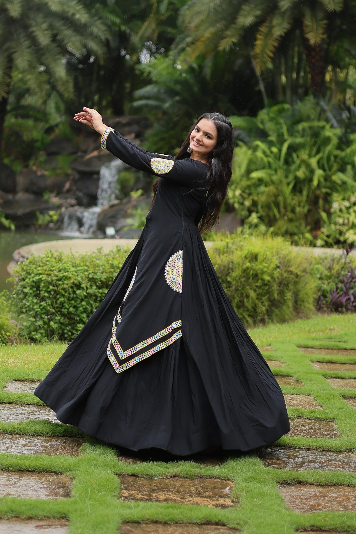 Lorenvalley Black Rayon Fabric With Kutchi Gamthi Lace Gown | Grocsy