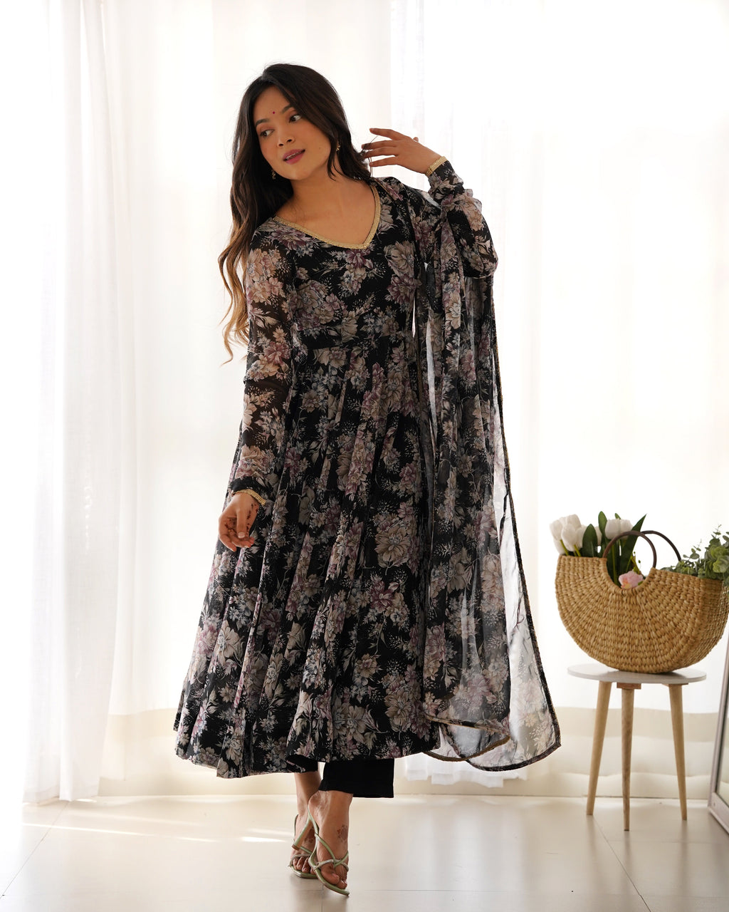 Lorenvalley Pure Faux Georgette Multi Floral Print Fully Flared Anarkali Pant With Dupatta Set - Black | Grocsy