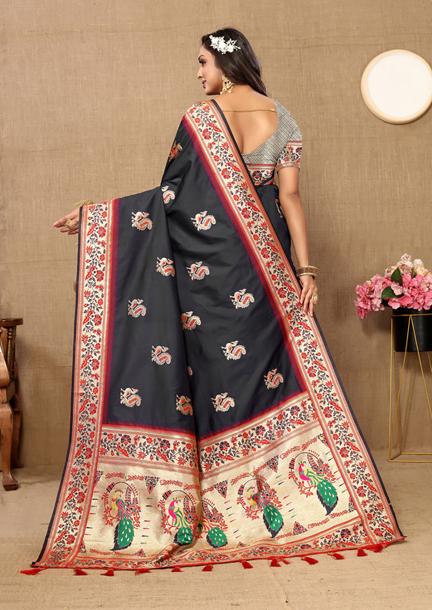 Lorenvalley Fashion Black Soft Paithani Silk Woven Design Rich Meenakari Zari Weaving Pallu Saree | Grocsy