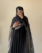 Lorenvalley Black Faux Georgette Yoke and Sleeve Potli Button Work Kurta Palazzo With Dupatta Set | Grocsy