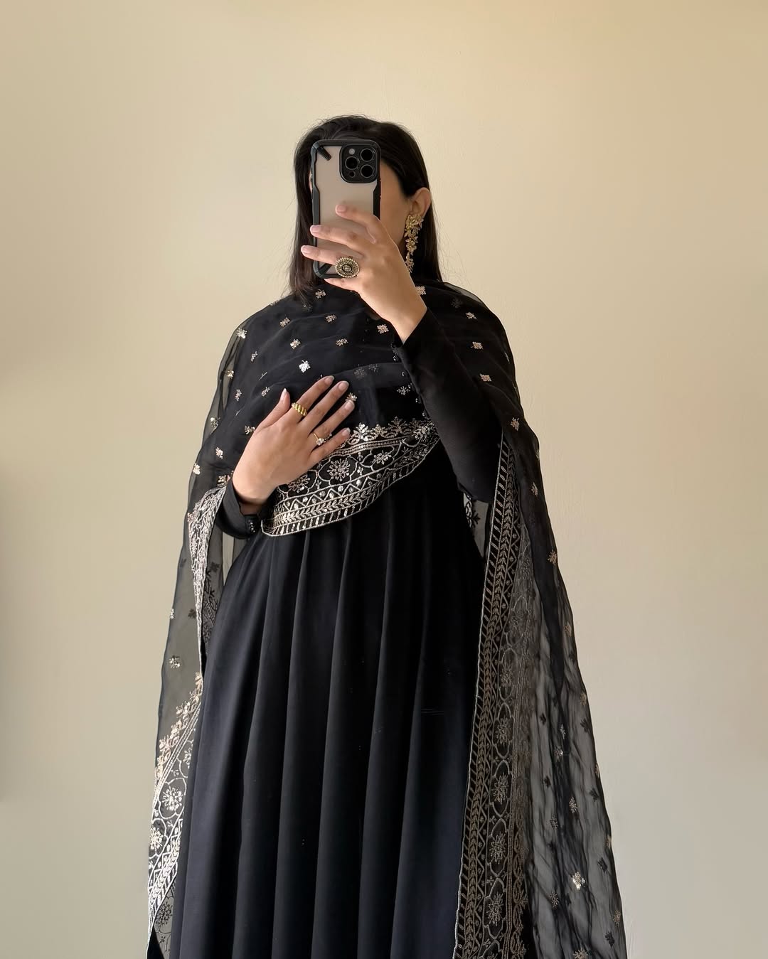 Lorenvalley Black Faux Georgette Yoke and Sleeve Potli Button Work Kurta Palazzo With Dupatta Set | Grocsy
