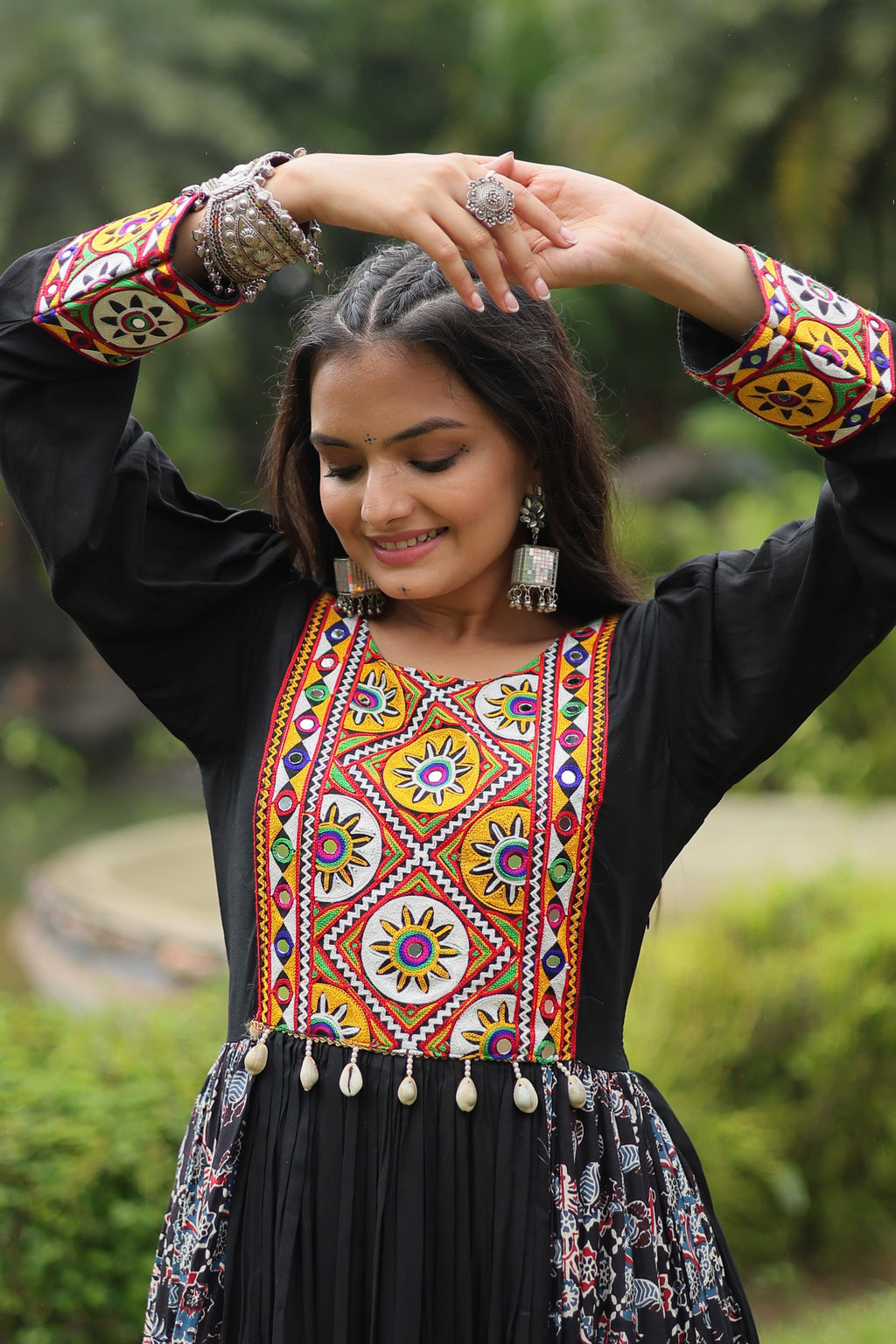 Lorenvalley Black Rayon Contrast of Printed with Kutchi Gamthi work Gown | Grocsy