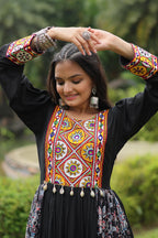 Lorenvalley Black Rayon Contrast of Printed with Kutchi Gamthi work Gown | Grocsy